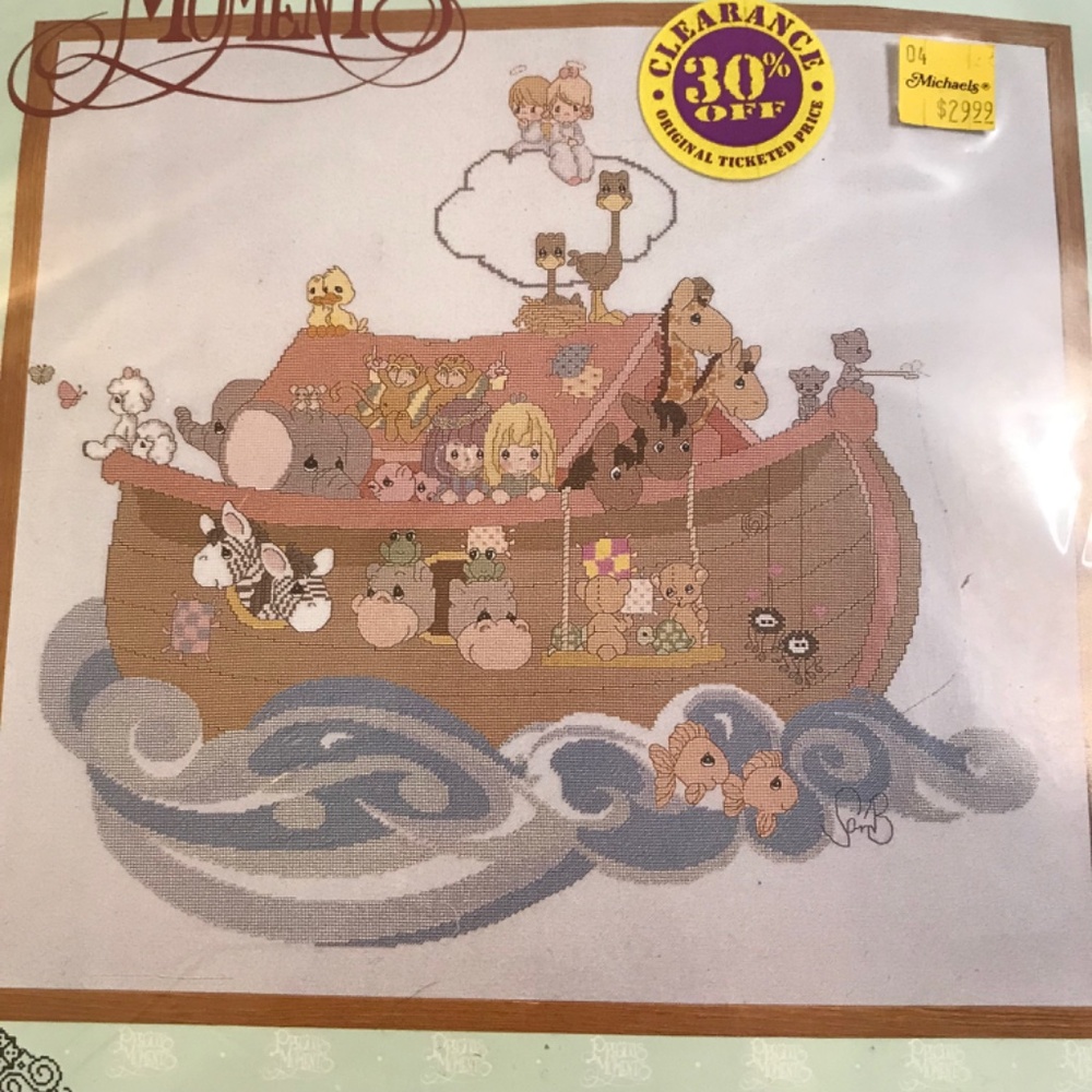 Precious Moments Vintage Noah's Ark Counted Cross Stitch Brown/Blue 24''x22" - Picture 2 of 4